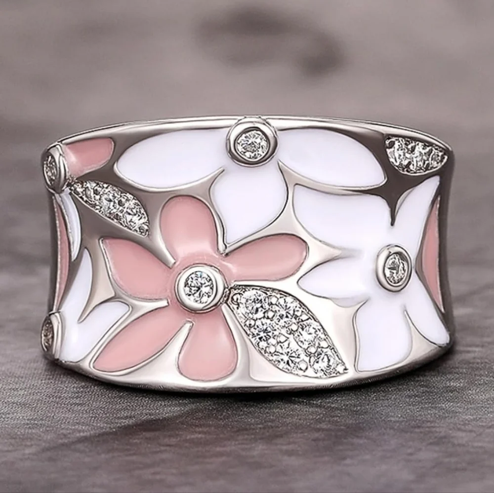 NEW Enamel Flower Ring | Cubic Zirconia - Pink Or White | Size 7 or 8